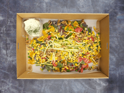 Trio colour pasta, raw vegetables salads charred corn, sour cream