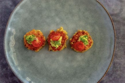Blackened corn and mint blinis, avocado and chipotle salsa, chiffonnade mint (GF)